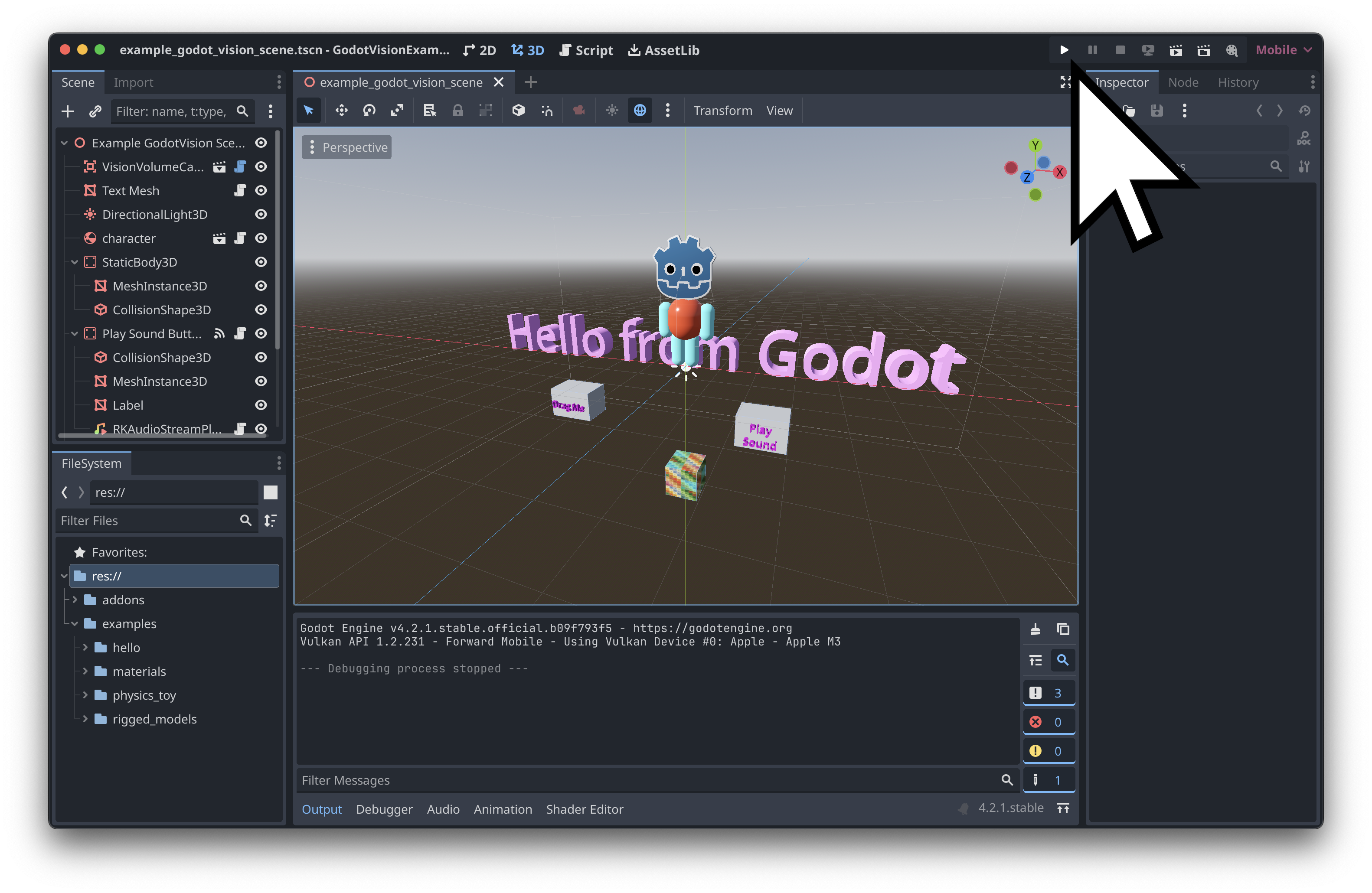 godot scene editor with sample scene loaded