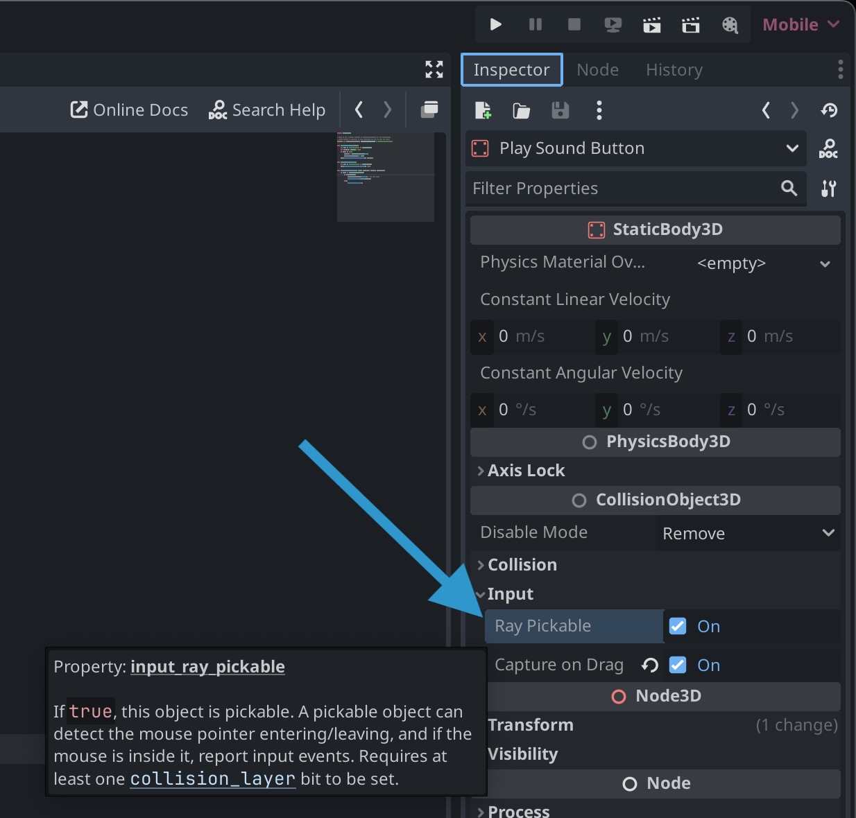 an image showing the 'input_ray_pickable' property on a CollisionObject3D