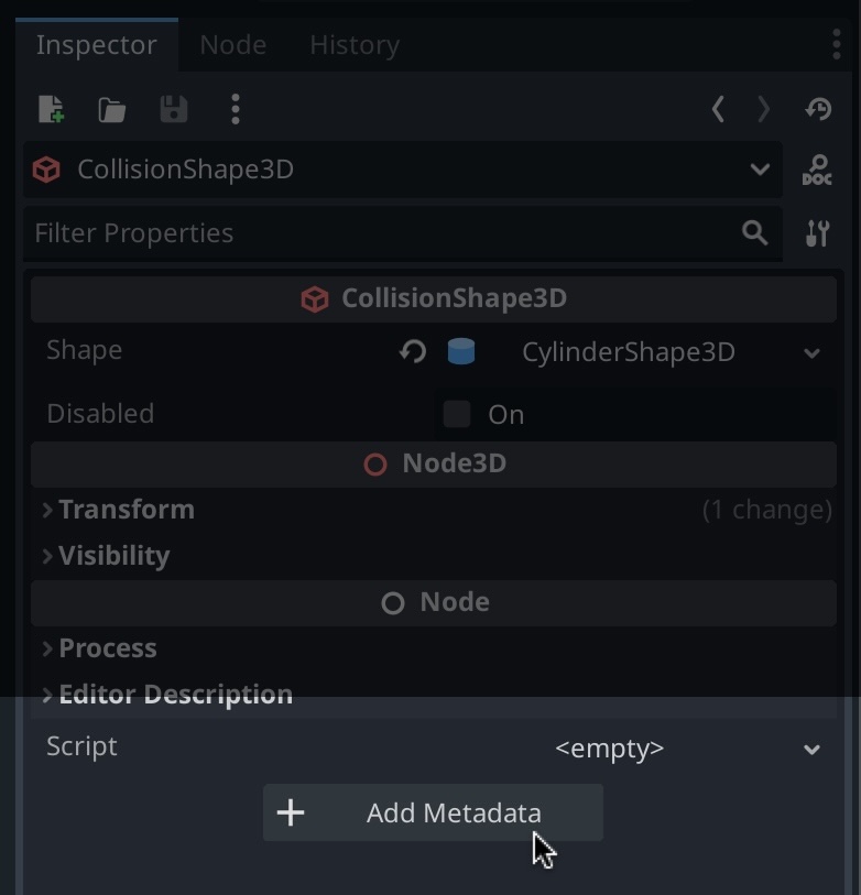 A screenshot of a Godot inspector window, with the mouse cursor over the 'Add Metadata' button